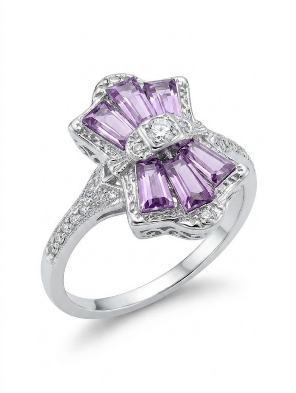Silver Tone Purple Baguette Bow Statement Ring Size 9.5